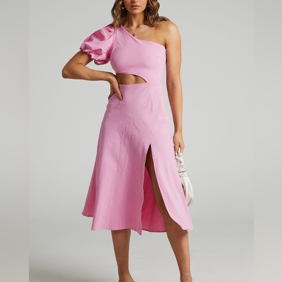 Showpo. Dresses & Skirts - SHOWPO MARCIA MIDI DRESS - ONE SHOULDER DRESS WITH SIDE CUT OUT IN PINK